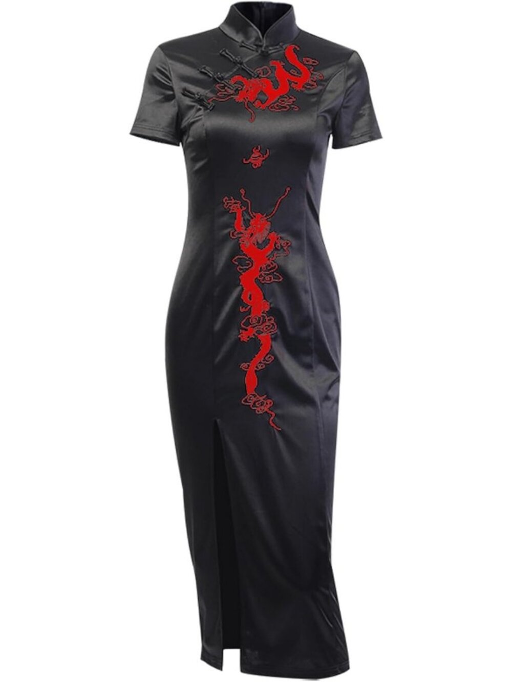 Gothic Vintage Cheongsam Dress for Women - Black Slit Hem Sexy Evening Wear